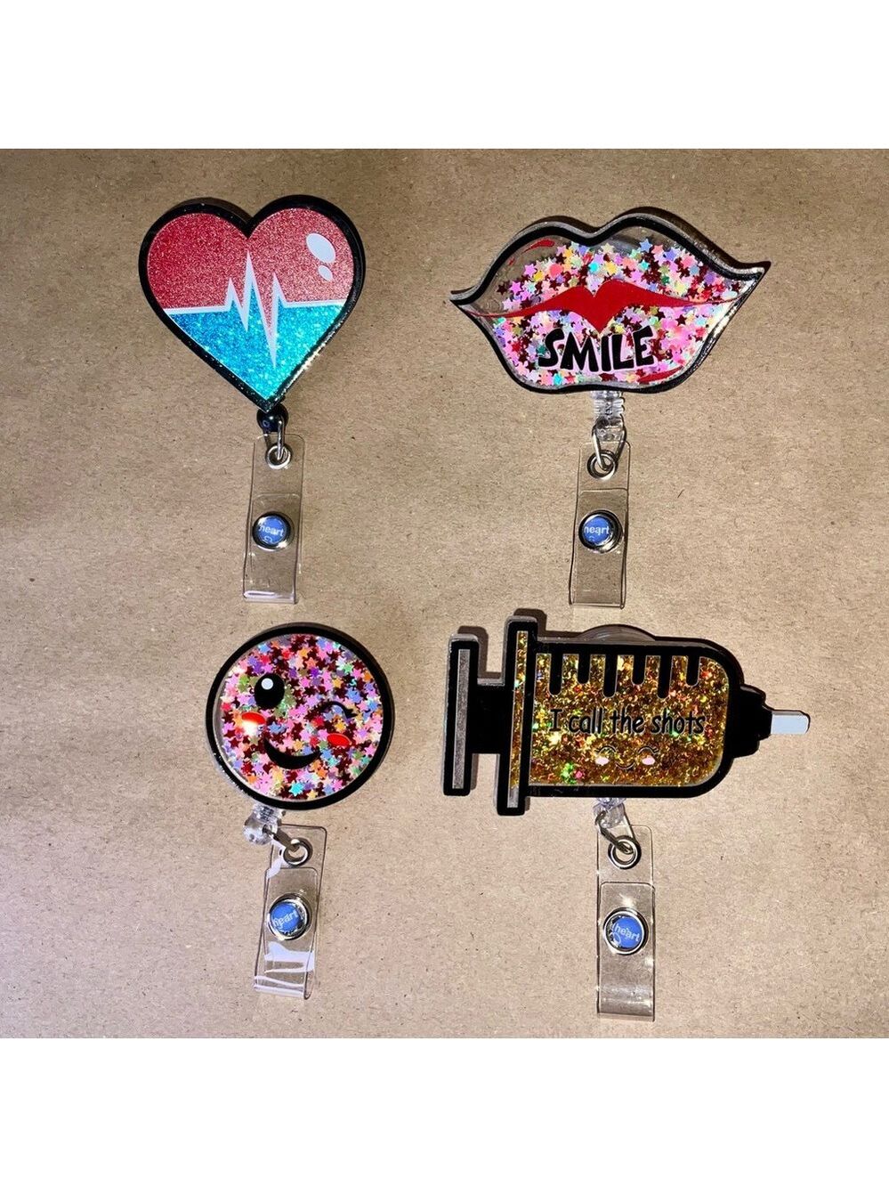 All 4 badge holders/badge reels - clip on back * retractable cord *NEW & sparkly